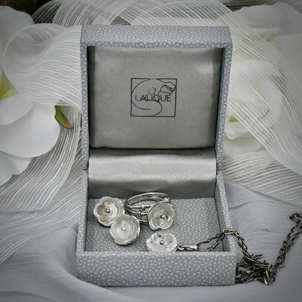 Lalique France 925 Sterling Silver Frosted Crystal Floral Suite Box 4pc As-Is